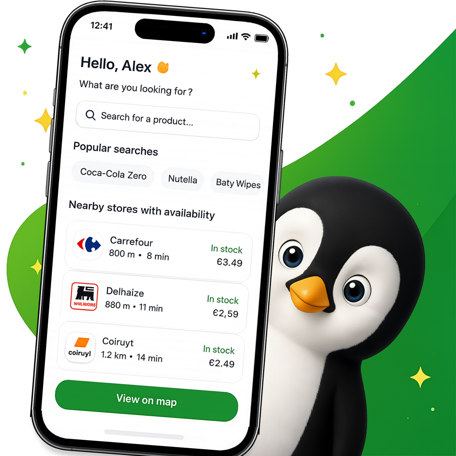 PickPinGo app showing nearby stores with product availability, with Pingo the penguin